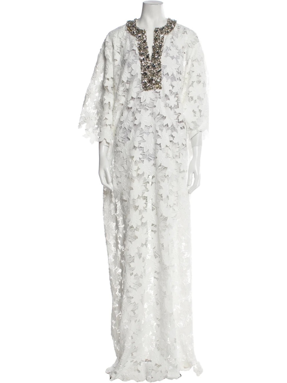 OSCAR DE LA RENTA MAGNOLIA GUIPURE EMBELLISHED NECKLINE CAFTAN